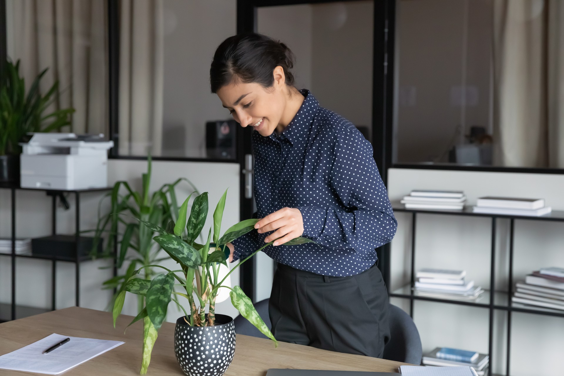 Happy Indian female employee water green plant in office